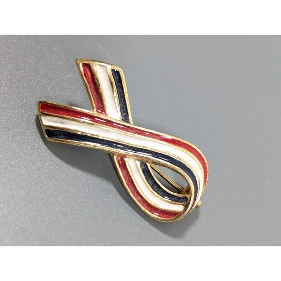 American Flag Ribbon Brooch Red White Blue Enamel Patriotic Pin - Picture 7 of 8